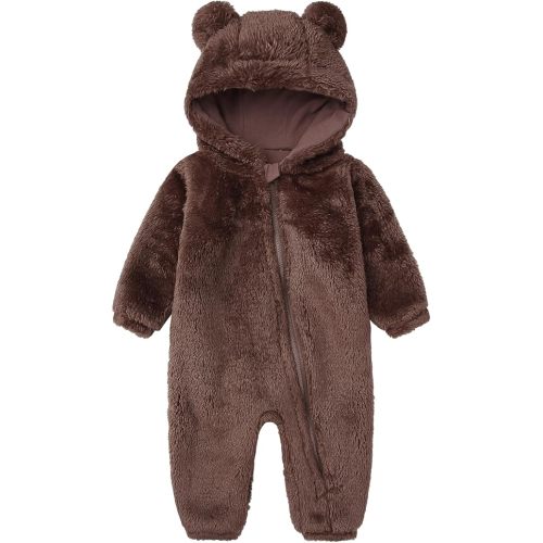 Baby Furry Jumpsuit Infant Bear Onesies Zipper Long Sleeve One-Piece Romper Hoodie Baby Outwear Snowsuit