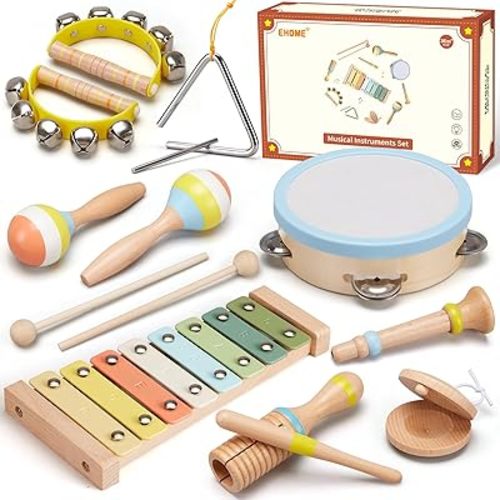 Baby Musical Instruments Set Montessori Wooden Music Toys for Toddlers 3 4 5 Neutral Color Percussion Music Kit with Drum, Xylophone,Storage Bag, Birthday Preschool Learning Gift for Boys Girls