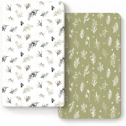 Stretchy Ultra Soft Jersey Knit Fitted Crib Sheets Set 2 Pack, Fits All Standard Crib Mattress Pads Safe and Snug, Stylish Botanical Olive for Baby