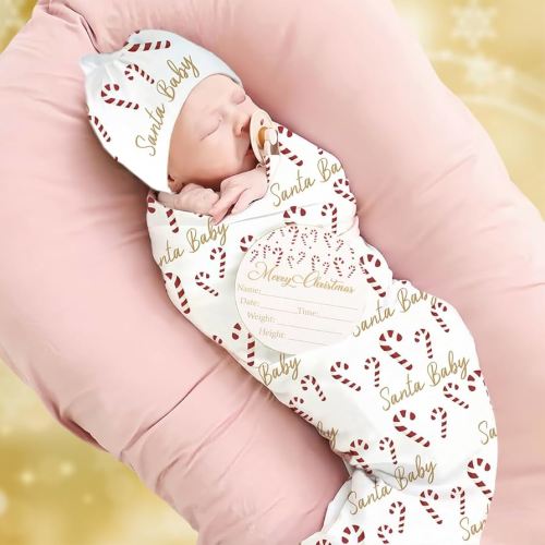 Christmas Baby Swaddle Blanket and Headband Set, Newborn Receiving Blanket Swaddle Wrap for Girls Boys, Swaddling Blankets Neutral for Newborn，Soft and Skin-Friendly Receiving Wrap 32 * 32''