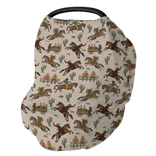 South Western Cowboys Car Seat Cover for Baby Cowboy Horse Riding Cactus Stretchy 5-in-1 Cover Adjustable Car Canopy Cover Wild West Desert Breathable Nursing Cover-Up