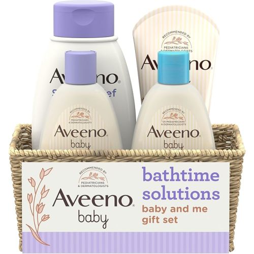 Aveeno Baby Bathtime Solutions Baby & Me Gift Set with Baby Wash & Shampoo, Calming Baby Bath, Baby Daily Moisturizing Lotion & Stress Relief Body Wash for Mom, Oatmeal, 4 Items