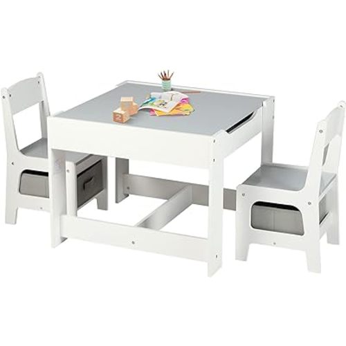 Kinder King Kids Wood Table & 2 Chairs Set, 3 in 1 Children Activity Table w/Storage, Removable Tabletop, Blackboard, 3-Piece Toddler Furniture Set for Art, Crafts, Drawing, Reading, Playroom, Grey
