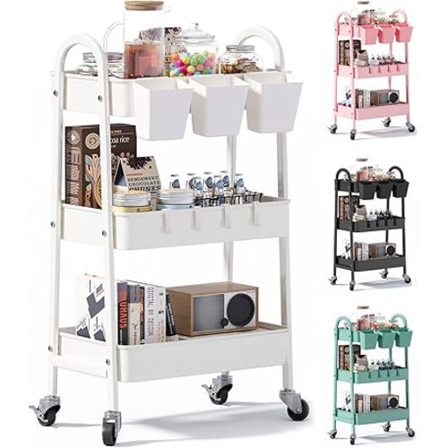 3 Tier Storage Rolling Cart, White Metal Rolling Carts with Wheels, Diaper Cart Organizer, Utility Carts with 3 Hanging Cups & 4 Hooks, Book Cart, Snack Cart, Baby Cart