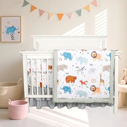 4-Piece Crib Bedding Set for Girls Boys, Soft Bedding Set with Crib Liner, Comfort, Crib Skrit, Sheet, Infant & Toddler Nursery Bed Set, Animals