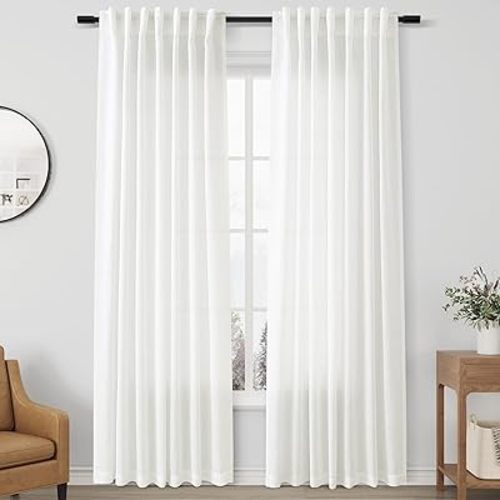 Ivory Linen Curtains 84 Inch Long for Living Room 2 Panel Back Tab Light Filtering Semi Sheer Drapes Country Rustic Farmhouse Boho Curtain 52x84