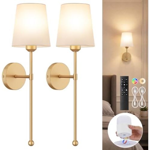 Battery Operated Wall Sconces, Gold, 2 Pack with Magnetic Bulbs,RF Remote