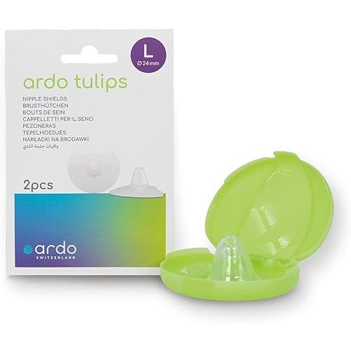 Ardo Tulips Contact Nipple Shields for Breastfeeding, Made in Switzerland, 2 Count with Carrying Case, BPA Free, (Size L, 24mm)