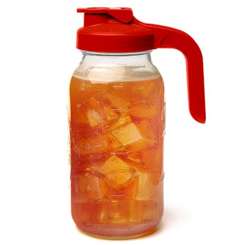 County Line Kitchen Glass Mason Jar Pitcher with Lid - Wide Mouth, 2 Quart (64 oz) - Heavy Duty, Leak Proof - Sun & Iced Tea Pitcher, Cold Brew Coffee, Breast Milk Storage, Water - Red