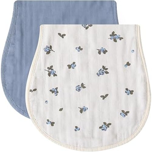 LifeTree Muslin Baby Burp Cloths - Ultra Soft 2 Pack Organic Cotton Large 22'' by 10'' Absorbent Milk Spit Up Rags - Burping Cloths for Newborn, Girls Boys (Blueberries and Mist Blue)