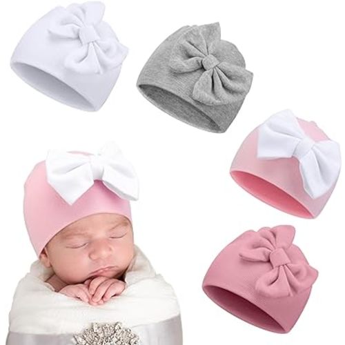 Cuffbow 4 Pcs Preemie Hats Baby Bow Cap Warm Cotton Hospital Premature Baby Beanie for Premature Boy Girl Newborn Infant