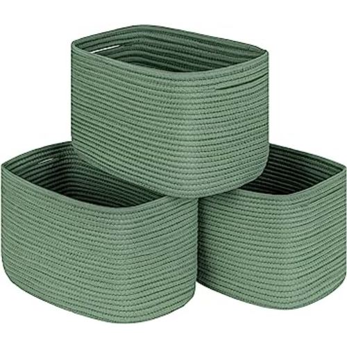 Green 3 Pack Shelf Cube Storage Organizer Bins,Decorative Closet Storage Basket for Organizing,Skin-friendly Rope Basket for Shelves,Rectangular Woven Basket for Living Room