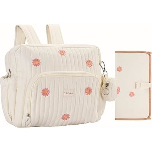 Diaper Bag Backpack, Mini Maternity baby bag with Changing Pad, Insulated Pockets, Stroller Straps & Pacifier Case (Beige - Flowers)
