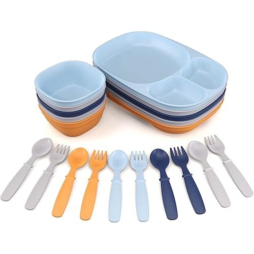 Kid’s Dinnerware Set - 20 Pieces - Trays and Bowls - Tough Tableware for Toddlers - Made in the USA - Dishwasher and Microwave Safe - BPA Free and Shatter Resistant (Sunset)
