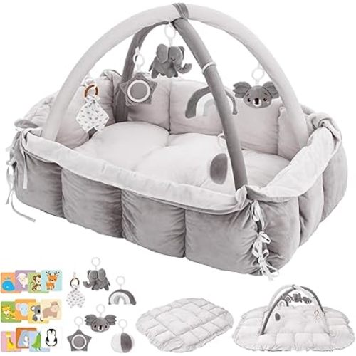 5-in-1 Baby Play Gym and Tummy Time Mat, 12 Learning Cards, Plush Activity Mat with 6 Toys, Baby Gym, Convertible to Ball Pit, Baby Gift, Grey