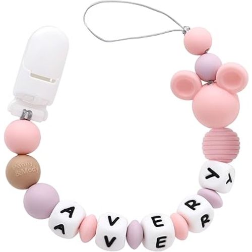 Personalized Pacifier Clip with Name, Customizable Mouse Pacifier Leash for Baby, Universally Fit All Pacifiers (Pink)