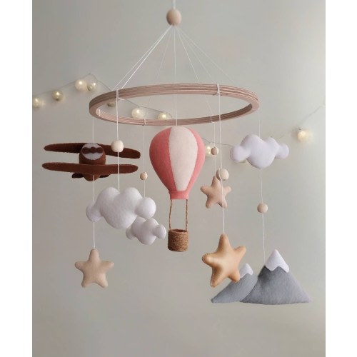 Travel nursery mobile. Adventure baby room decor. Baby girl crib mobile. Airplane, pink hot air balloon, mountain cot mobile. Musical mobile