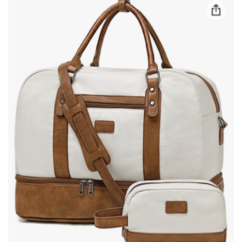Wogarl Weekender Bags for Women Large Canvas Overnight Bag Travel Duffel Bags Carry on Shoulder Weekend Bag Tote with Shoe Compartment for Travel Night Flight Daily Use (Beige)