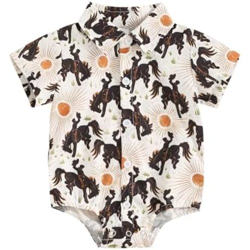 Karuedoo Western Baby Boy Clothes Cow Print Shirt Romper Infant Short Sleeve Button Down Bodysuit One Piece Gentleman Outfit