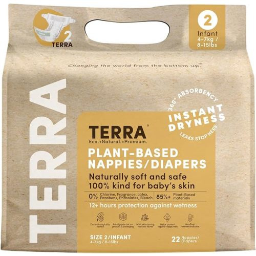Terra Size 2 Diapers: 85% Plant-Based Diapers, Ultra-Soft & Chemical-Free for Sensitive Skin, Superior Absorbency for Day or Nighttime Diapers, Designed for Babies 8-15 Pounds, 22 Count - Size 2 (22 Count)