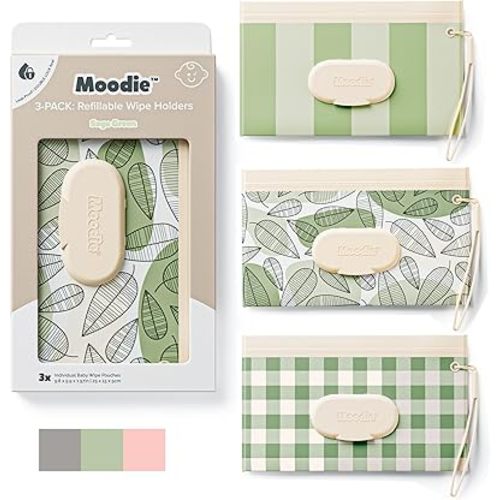 NEW 3 PACK Baby Wipes Holder | Refillable Wipes Container w/DOUBLE-LOCK SEAL |Travel Wipe Case | Portable Wipe Dispenser for Diaper Bag w Silicone Strap | Reusable Wipes Pouch (SAGE GREEN) by Moodie