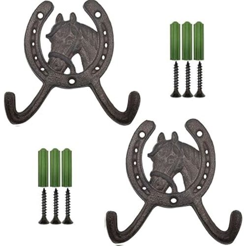 RONYOUNG 2PCS 4.5" Horse Head Horseshoe Western Double Cast Iron Wall Hooks Coat Hook Hat Horse Hook