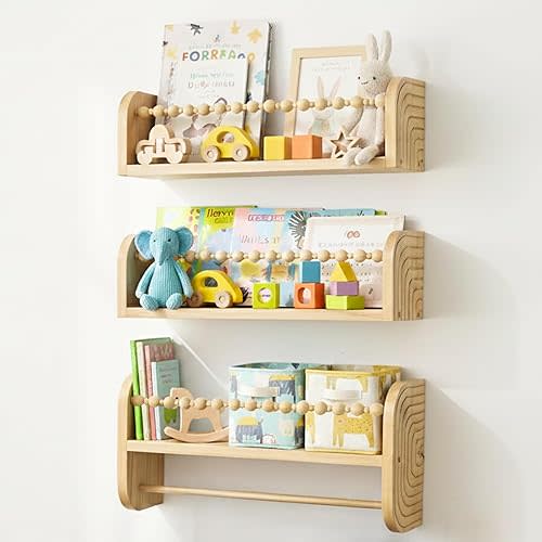 SAG's store Floating Nursery Shelves - Set of 3 Natural Wood Wall-Mounted Bookshelves for Kids Room, Baby Room, Nursery Decor - 15.7" Wide, Solid Wood Shelves for Books, Toys, and Decor Storage