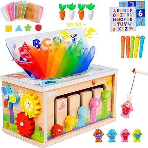 Montessori Baby Wooden Tissue Box Toy 6-in-1 Sensory Tissue Box Toy for Babies 6-12 Months Developmental Toys for Babies, Gift for Babies 6-12 Months