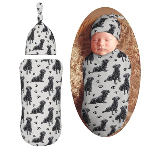 Cute Black Labrador Retrievers Newborn Swaddle Blankets Hat Sets Soft Baby Receiving Blanket Swaddle Sack for Baby Shower Infant Boy Girl Gift
