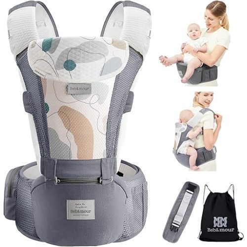 Bebamour Baby Carrier Newborn to Toddler-2 in 1 Hip Seat & Carrier Front and Back Carry with Head Hood & 3 Pieces Teething Pads& Waist Extenders & Storage Bag 0-36 Months (Grey)