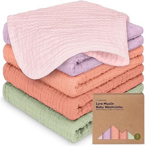 5-Pack Muslin Baby Washcloths for Newborn – 12x12" Soft Absorbent Organic Cotton Muslin Wash Cloths for Babies Girl, Boy, Infant, Toddlers,Kids Face Towel,Bath Essentials,Baby Burp Rags (Muted Pastel)