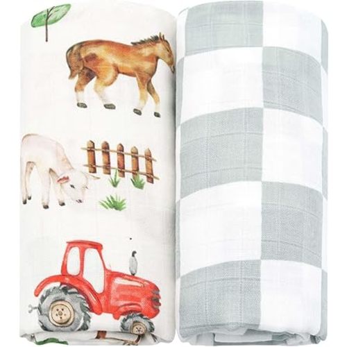 LifeTree Muslin Swaddle Blankets, Farm Animals Baby Swaddling Wrap Nursery Receiving Blanket for Boys & Girls, Soft 70% Viscose from Bamboo and 30% Cotton, Large 47 x 47 inches