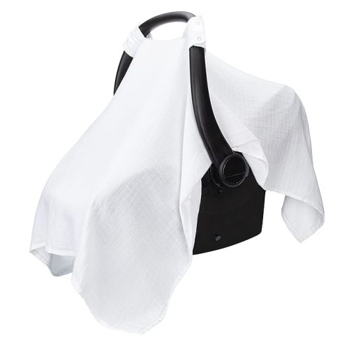 Muslin Cotton Baby Car Seat Cover, Universal Fit Carseat Canopy Covers for Babies, Girls and Boys by Comfy Cubs (White)
