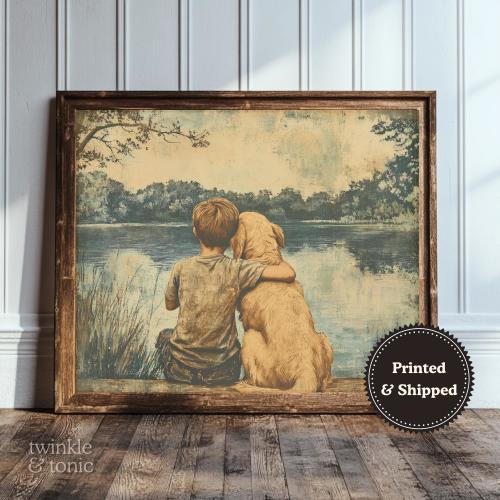 Golden Retriever and Boy Print, Neutral Nursery, Rustic Baby Room Poster, Antique Kids Bedroom Art, Rustic Painting, Printed and Shipped