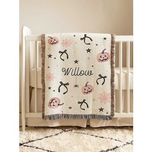 Halloween Baby Blanket Girl with Name Cotton Woven Blanket Cute Spooky Crib Blanket Coquette Halloween Nursery Decor Pink Pumpkin