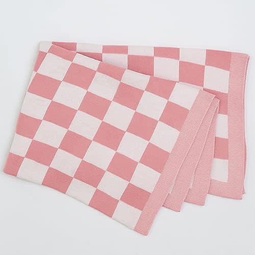 Cotton Knitted Checkered Baby Blanket for Boys and Girl Soft Cozy Lightweight Receiving Blanket for Nursery Baby Shower Birthday Newborn Infant Toddler Kids Gift Idea Rose Pink-30x30