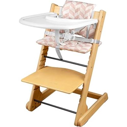 Wooden High Chair with Tray–Adjustable & Convertible Highchair for Toddlers,Children&Adults–Includes Safety Harness–Waterproof–Natural Wood(Geometric Pink & White Cushion)