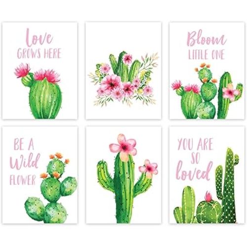 Andaz Press Cactus Theme Girls Nursery Kids Bedroom Hanging Wall Art Decor, 8.5x11-inch, Floral Roses, Be a Wildflower, Bloom Little One, Love Grows Here, 6-Pack, Unframed Room Poster