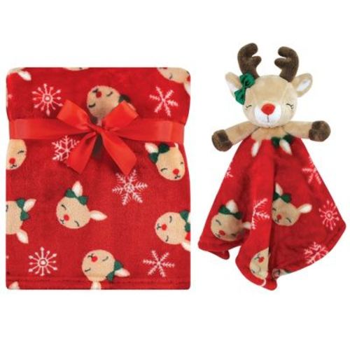 Hudson Baby Infant Girls Plush Blanket with Security Blanket, Girl Holiday Reindeer, One Size