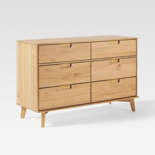 Saracina Home Mid Century Modern Groove Wood 6 Drawer Dresser Natural Pine