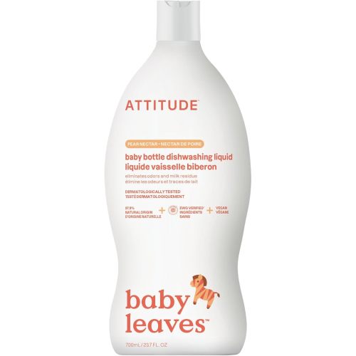ATTITUDE Baby Dish Soap and Bottle Cleaner, EWG Verified Dishwashing Liquid, No Added Dyes or Fragrances, Tough on Milk Residue and Grease, Vegan, Pear Nectar, 23.7 Fl Oz