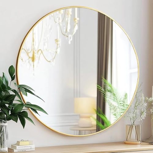 Gold Circle Mirror, Round Mirror 22 inch, Gold Wall Mirrors Metal Frame, Circle Mirrors for Bathroom, Bedroom, Living Room, Entryway.