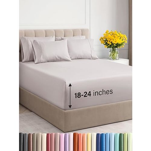 Extra Deep Queen Sheet Set - 6 Piece Breathable & Cooling Sheets - Hotel Luxury Bedding Set with 18-24 Inch Extra Deep Pockets - Easy Fit - Super Soft, Wrinkle Free and Comfy - Light Grey, Queen Size