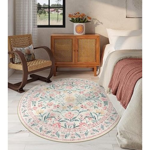 Lahome Boho Light Pink Round Rug 4ft, Washable Small Circle Rugs for Bedroom, Pink and Green Nursery Circular Rug Girl, Soft Non-Slip Round Carpet for Kids Sunroom, Blush Pink