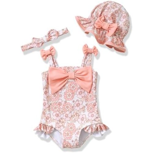 Renotemy Baby Girl Swimsuit Infant Bathing Suit Swimwear Sleeveless Bikini Tankini Toddler Girl One-Piece Swimsuit with Hat