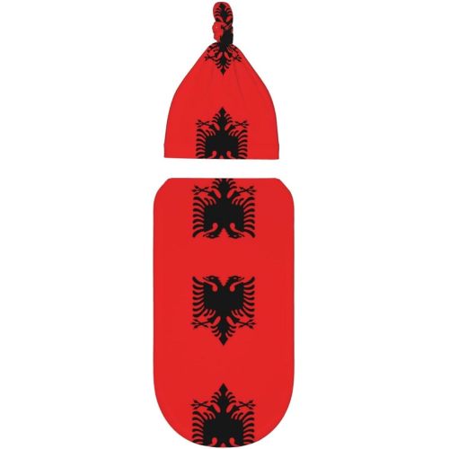 Albanian Flag Universal Baby Sleep Swaddle Blanket, Newborn Receiving Set (with Matching Head Cap) Infant Swaddle Receiving Blanket