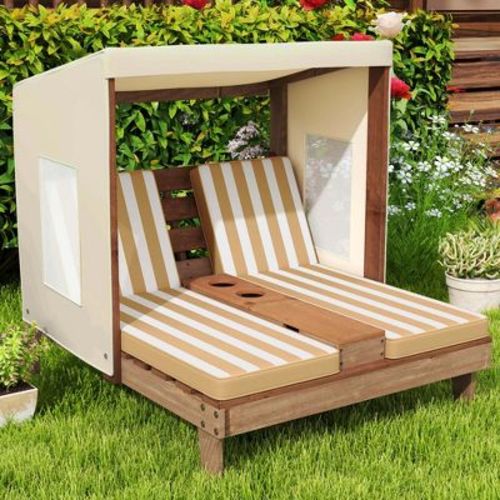 Costway Kids Double Chaise Lounge Patio Lounge Chair With Cup Holders & Awning Brown