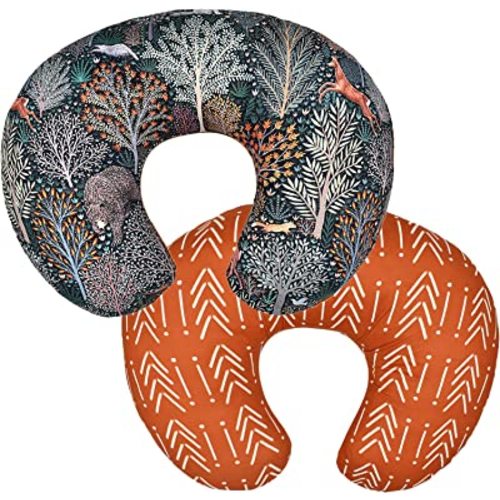 Winmany 2 Pack Baby Nursing Pillow Cover Newborn U-Shaped Breastfeeding Pillowcase Cushion Cover Stretchy Replaceable Forest&Floral Pillow Cover Slipcover 22.5x18 (Forest + Retro Geometry)
