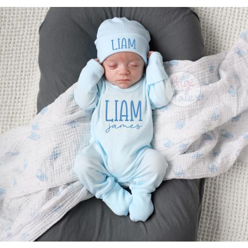 Personalized Baby Boy Coming Home Outfit, Soft Cotton Blend Romper and Hat