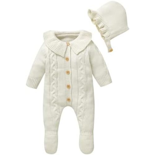 Hadetoto Newborn Baby Sweater Romper Knit Outfits Long Sleeve Jumpsuit with Warm Hat for Infant Boy Girl
